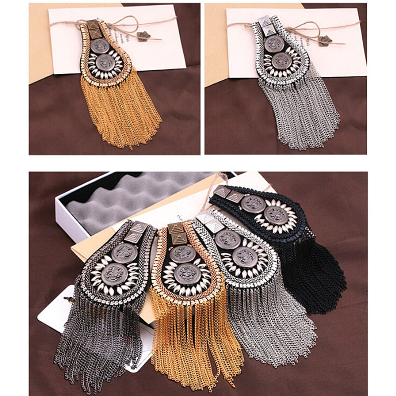 1 pair Unisex Punk Fringe Shoulder Board Badge Glitter Rhinestone Tassels Chain Epaulet Women Men Suit Accessories