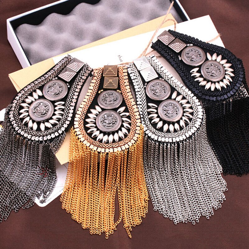 1 pair Unisex Punk Fringe Shoulder Board Badge Glitter Rhinestone Tassels Chain Epaulet Women Men Suit Accessories
