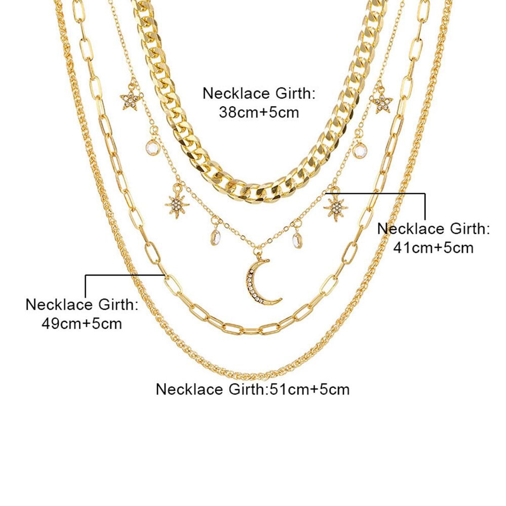 1 pc 4 Layers Gold Color Link Chains Necklaces Crystal Star Charms Choker Necklace Collar Statement Necklace Women Party Jewelry