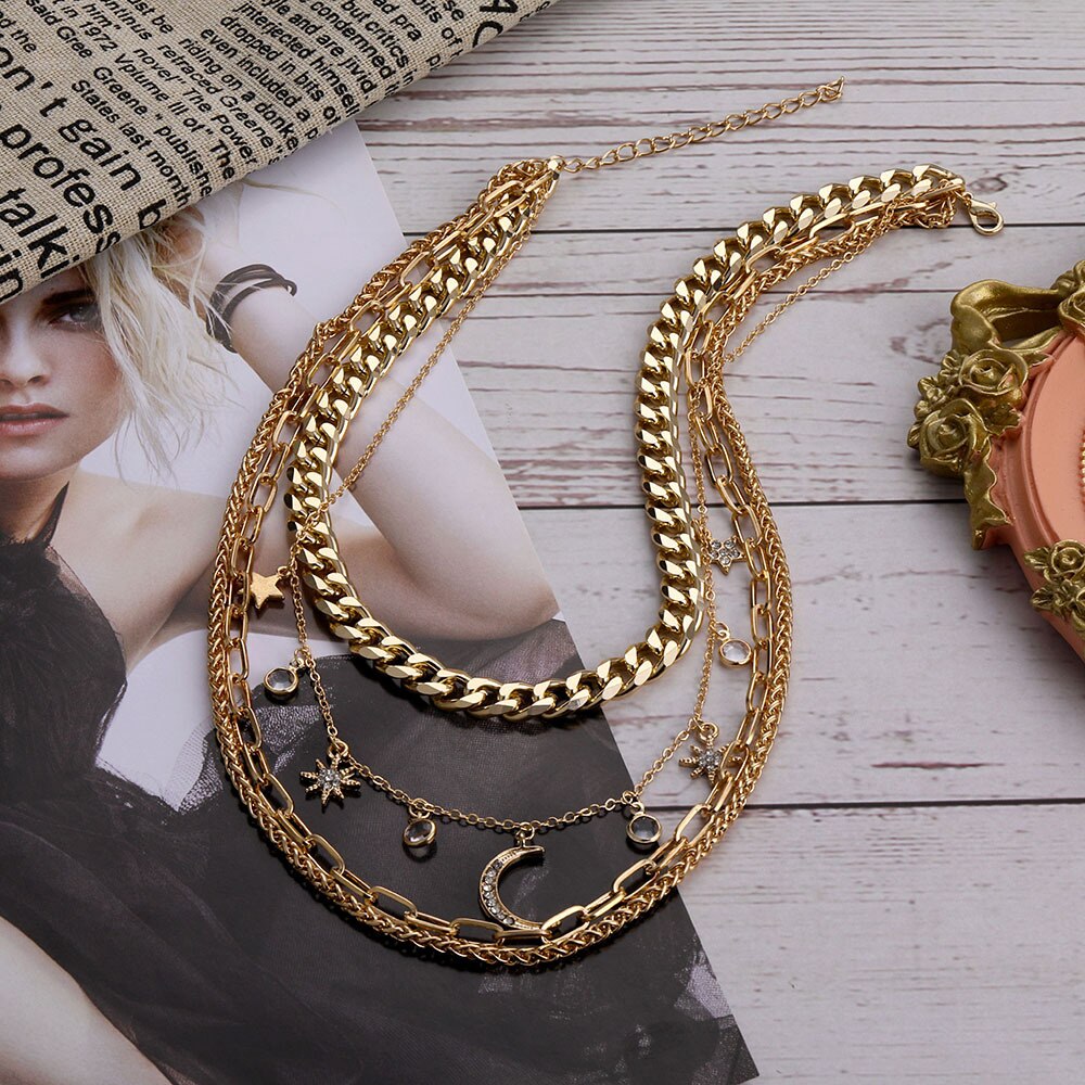 1 pc 4 Layers Gold Color Link Chains Necklaces Crystal Star Charms Choker Necklace Collar Statement Necklace Women Party Jewelry
