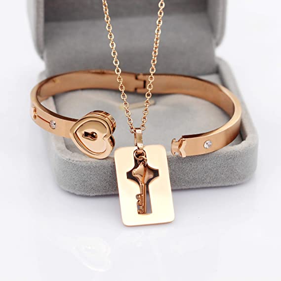 1 set Matching Puzzle Couple Heart Lock Bracelet and Key Pendant Necklace for Men Women Lover Valentine's Day Anniversary Gifts