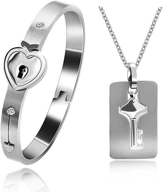 1 set Matching Puzzle Couple Heart Lock Bracelet and Key Pendant Necklace for Men Women Lover Valentine's Day Anniversary Gifts