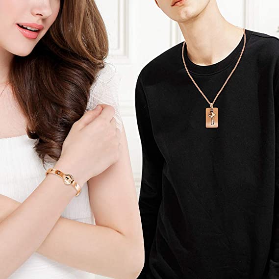 1 set Matching Puzzle Couple Heart Lock Bracelet and Key Pendant Necklace for Men Women Lover Valentine's Day Anniversary Gifts