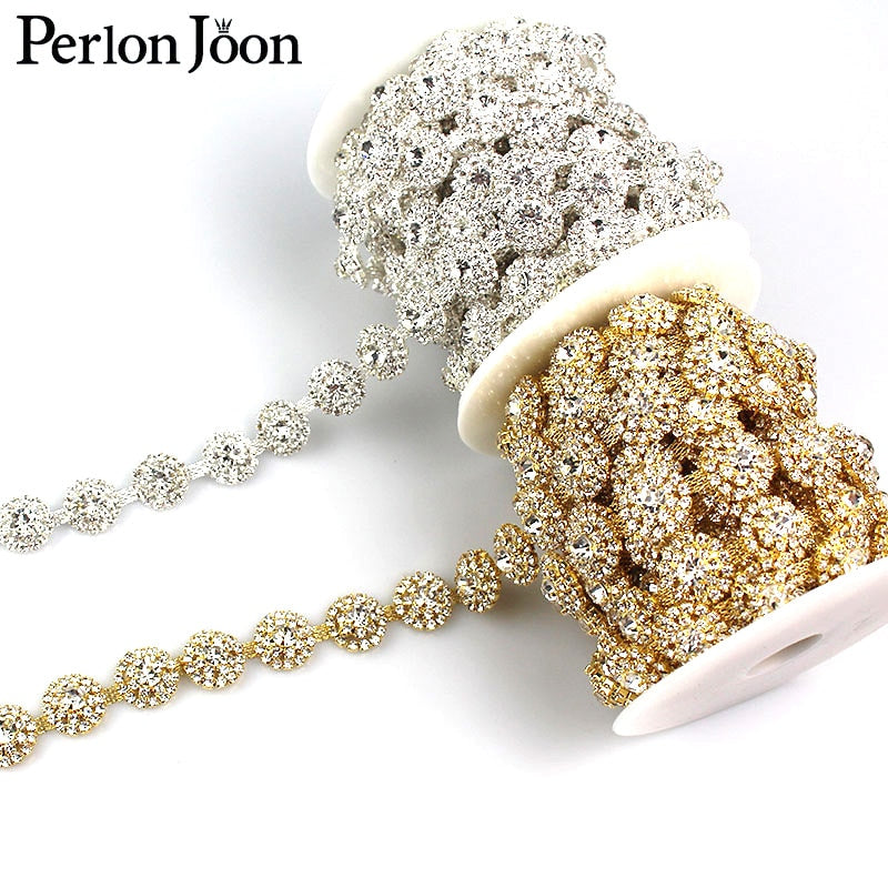 1 yard 3D round arrange gold sliver plated crystal Blinking rhinestones trim Ribbon metal chain for bag, shoes accessories ML031