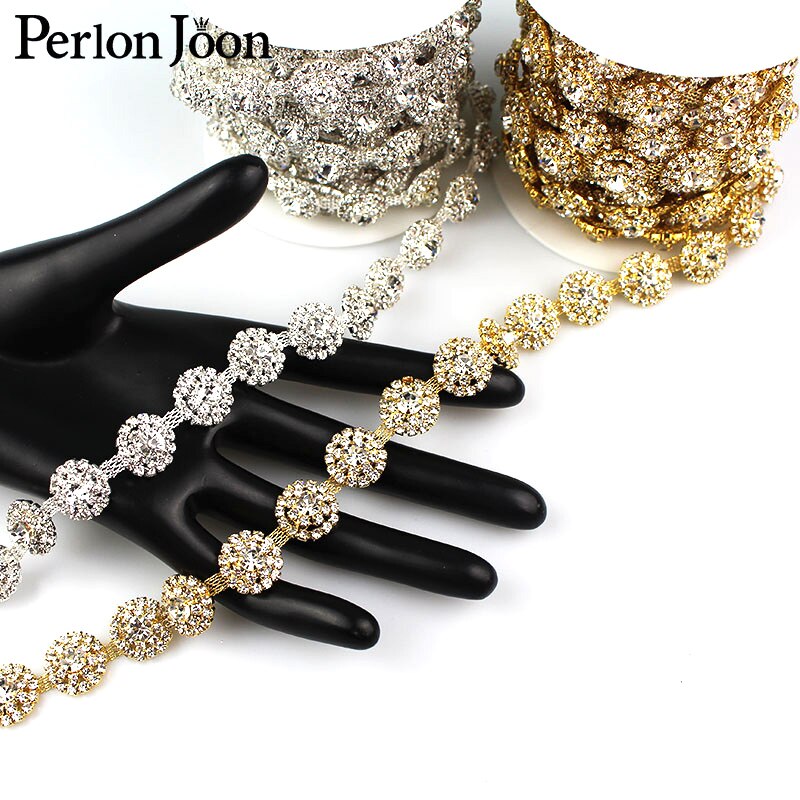 1 yard 3D round arrange gold sliver plated crystal Blinking rhinestones trim Ribbon metal chain for bag, shoes accessories ML031