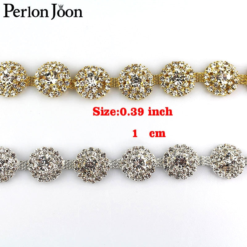 1 yard 3D round arrange gold sliver plated crystal Blinking rhinestones trim Ribbon metal chain for bag, shoes accessories ML031