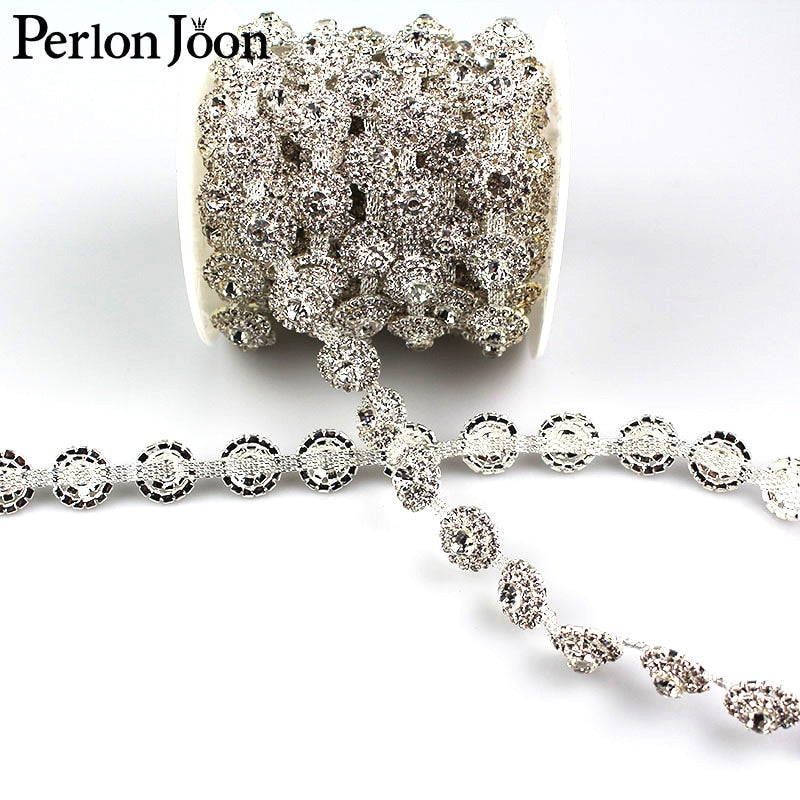 1 yard 3D round arrange gold sliver plated crystal Blinking rhinestones trim Ribbon metal chain for bag, shoes accessories ML031