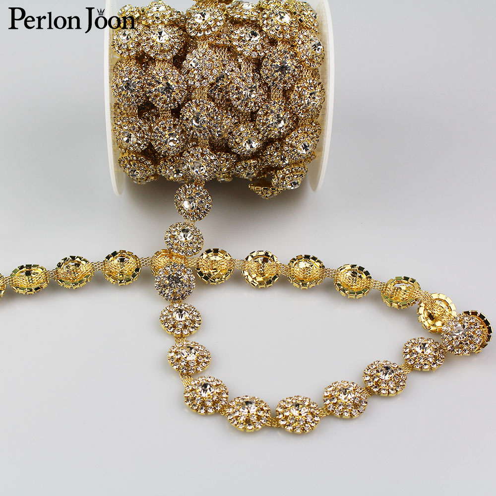 1 yard 3D round arrange gold sliver plated crystal Blinking rhinestones trim Ribbon metal chain for bag, shoes accessories ML031
