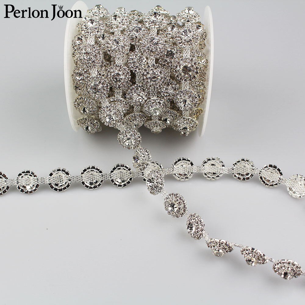 1 yard 3D round arrange gold sliver plated crystal Blinking rhinestones trim Ribbon metal chain for bag, shoes accessories ML031