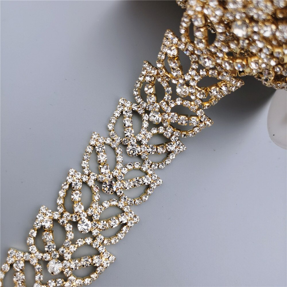 1 yard Gold Leaf Rhinestone Crystal Chain Bling Diamond Metal Trim Ribbon Clothing Accessories Dress Shoe Decorative 3.5cm wide