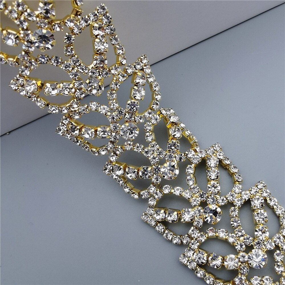 1 yard Gold Leaf Rhinestone Crystal Chain Bling Diamond Metal Trim Ribbon Clothing Accessories Dress Shoe Decorative 3.5cm wide