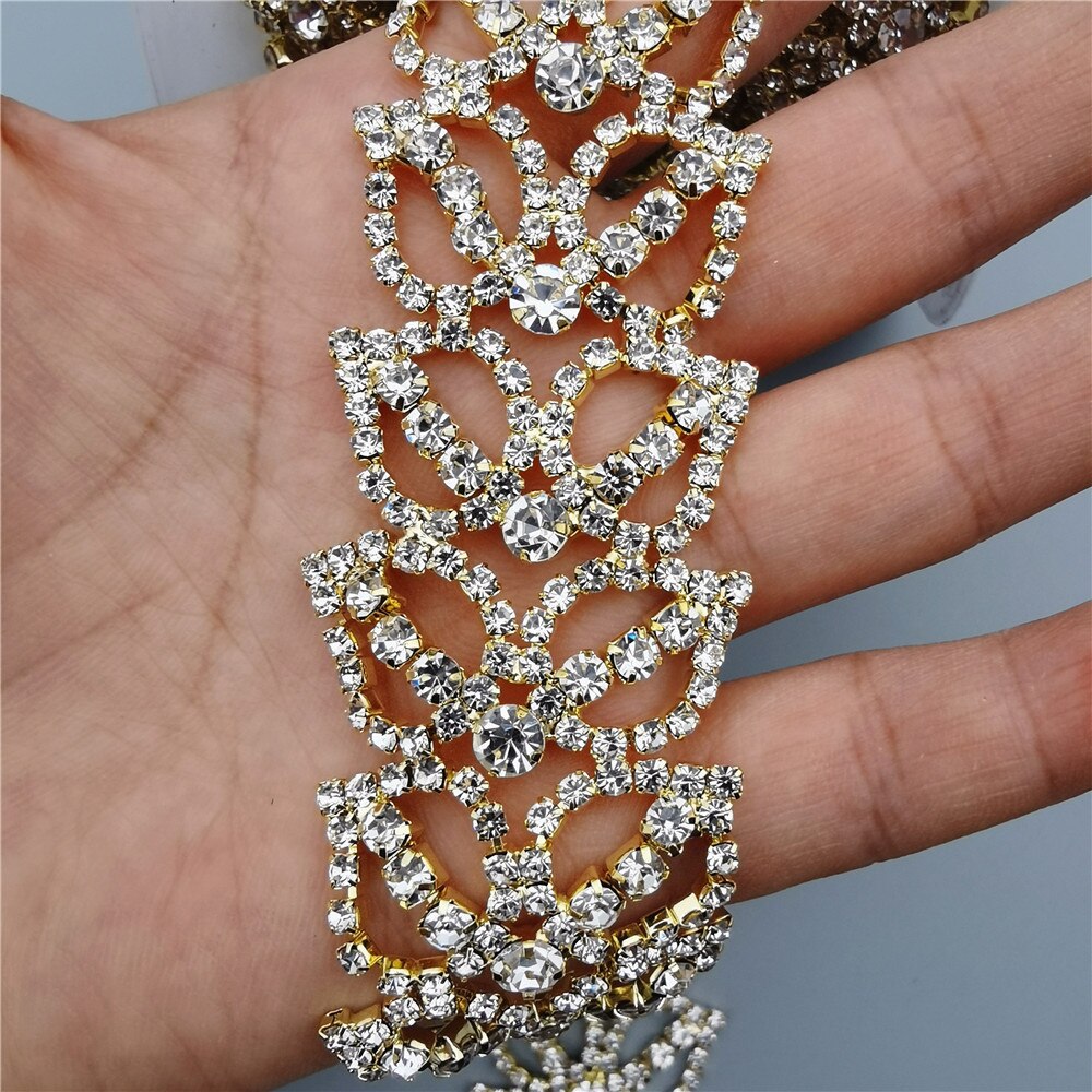 1 yard Gold Leaf Rhinestone Crystal Chain Bling Diamond Metal Trim Ribbon Clothing Accessories Dress Shoe Decorative 3.5cm wide