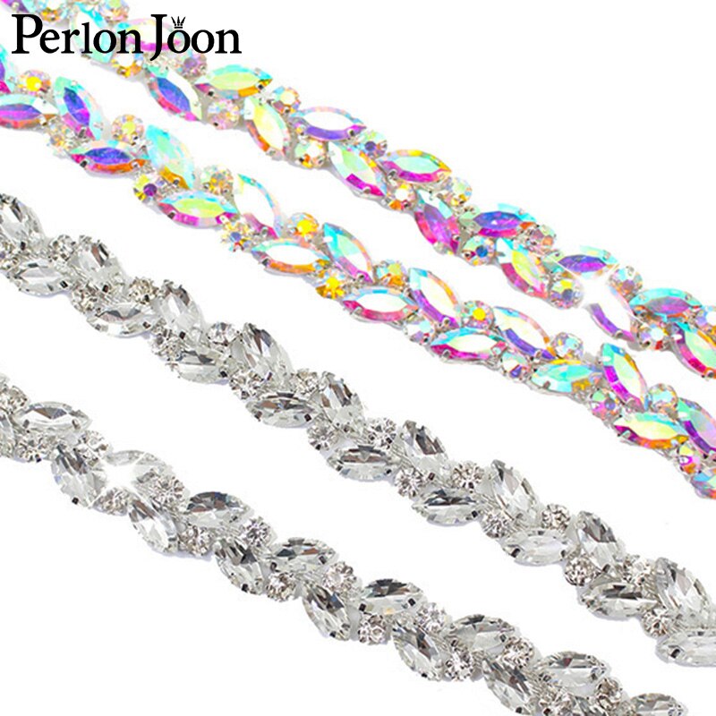 1 yard leaves AB color glass crystal chain rhinestone trim plat silver crystal chain decoration wedding dress accessories ML108
