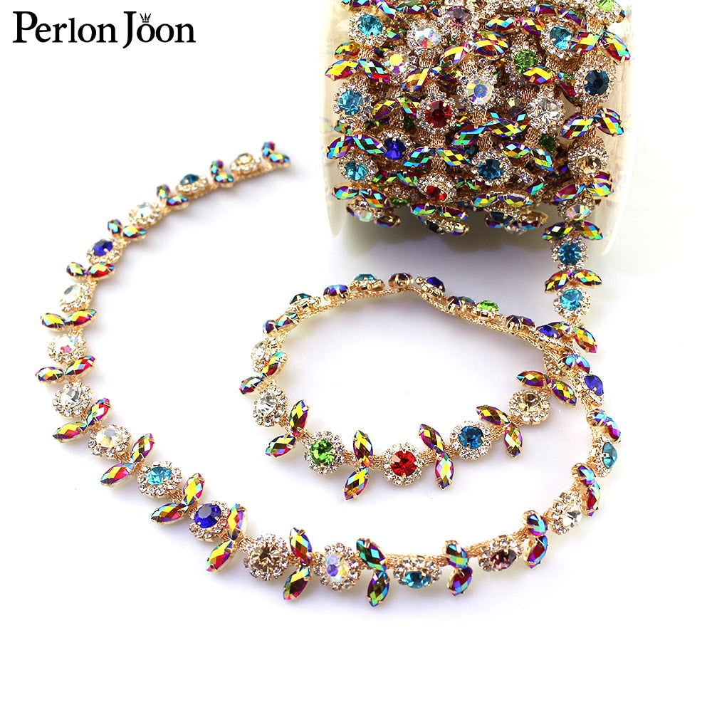 1 yard mixed color AB color rhinestone trim flower crystal metal chain women clothing decorative shoes Accessories ML058