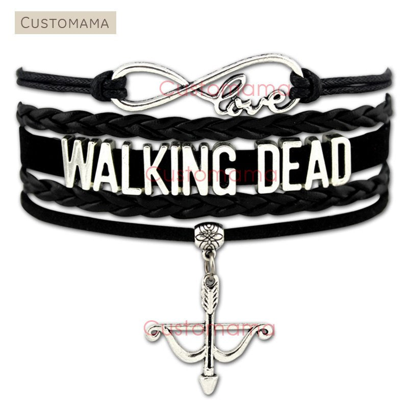 (10 PCS/Lot) Infinity Love Walking Dead Rick Grimes Daryl Dixon Wrap Arrow Charm Bracelet Black Suede Leather Custom Jewelry