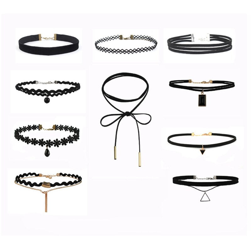 10 PCS/Set Gothic Tattoo Leather Choker Necklaces Set for Women Hollow Out Black Lace Necklace Jewelry Collier Chain