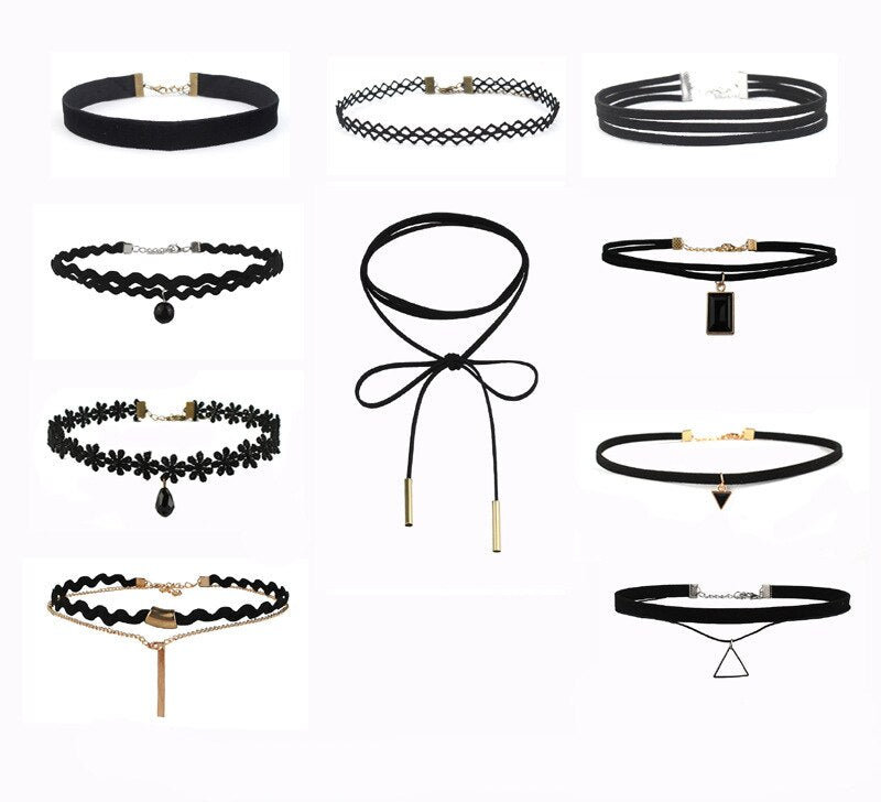 10 PCS/Set Gothic Tattoo Leather Choker Necklaces Set for Women Hollow Out Black Lace Necklace Jewelry Collier Chain