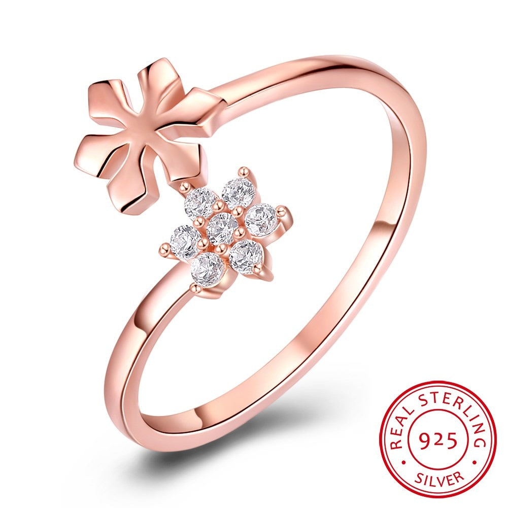 100% 925 Sterling Silver Shiny Cubic Zirconia Flower Finger Rings Women Female Engagement Wedding Adjustable Open Ring