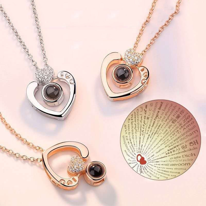 100 Languages I Love You Necklace Heart Pendant Wedding Romantic Memory Projection Necklace for Women Girl Friend Ladies Gifts