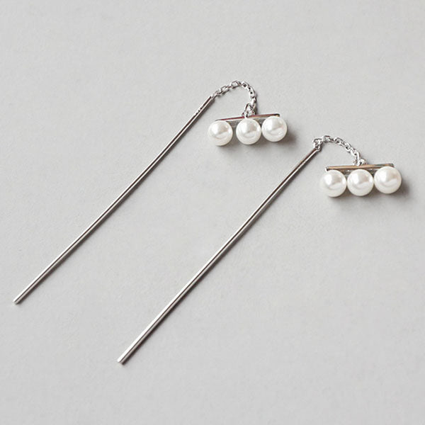 100% S925 Sterling Silver CHIC Pearl Geometric Long Strip Tassel Earrings