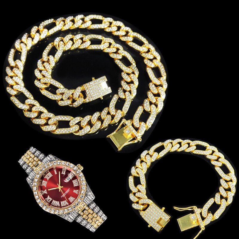 13MM Hip Hop Iced Out 3pcs Kit Paved Rhinestones Miami Curb Link Chain CZ Rapper Necklace+Watch+Bracelet For Men Women Jewelry