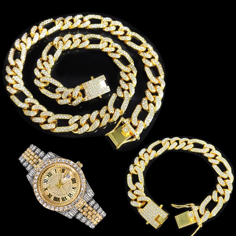 13MM Hip Hop Iced Out 3pcs Kit Paved Rhinestones Miami Curb Link Chain CZ Rapper Necklace+Watch+Bracelet For Men Women Jewelry