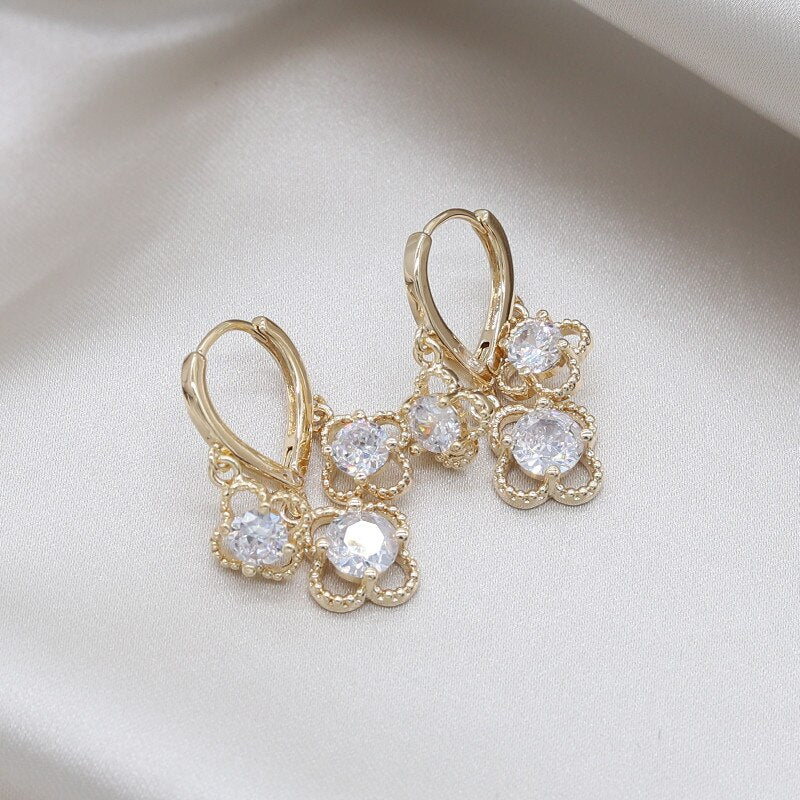 14K Real Gold Plating Korea Design Jewelry  Zircon Pendant Tassel Earrings Elegant Women Wedding Party earring