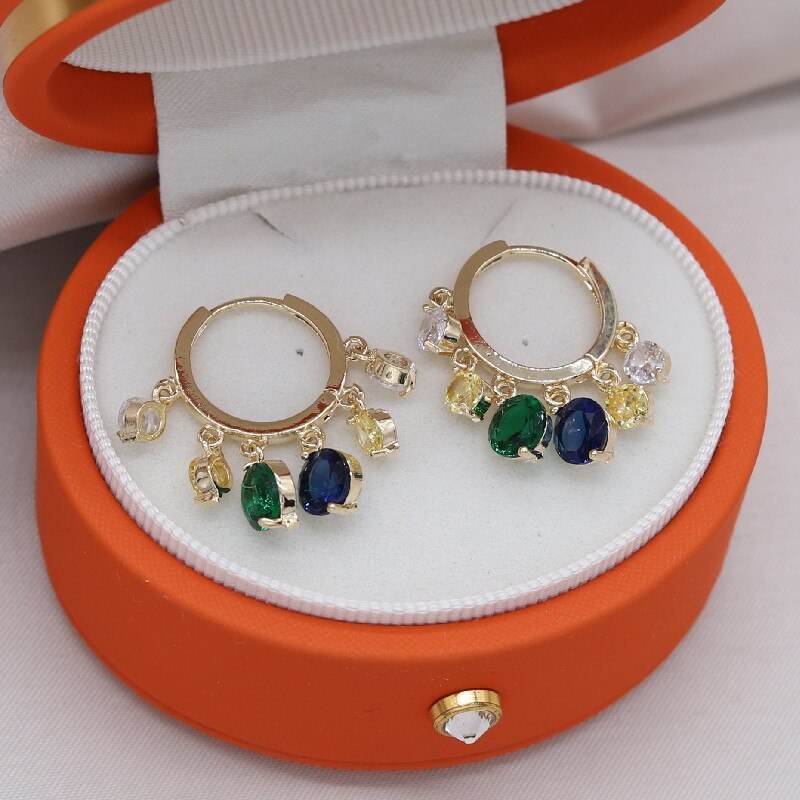 14K Real Gold Plating Korea Design Jewelry  Zircon Pendant Tassel Earrings Elegant Women Wedding Party earring