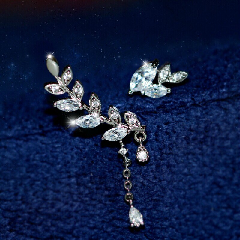 2014 New Asymmetric leaf CZ Zircon Stud Jewelry Real Pure 925 Sterling Silver Luxury Earrings Women Dress   RJ