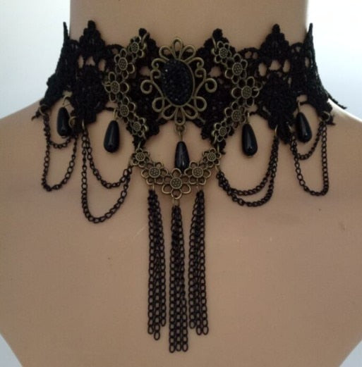 2021 Gothic Victorian Crystal Tassel Tattoo Choker Necklace Black Lace Collar Vintage Women Wedding Jewelry