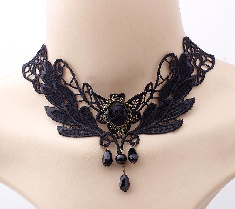 2021 Gothic Victorian Crystal Tassel Tattoo Choker Necklace Black Lace Collar Vintage Women Wedding Jewelry