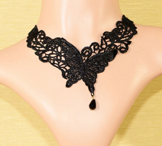 2021 Gothic Victorian Crystal Tassel Tattoo Choker Necklace Black Lace Collar Vintage Women Wedding Jewelry