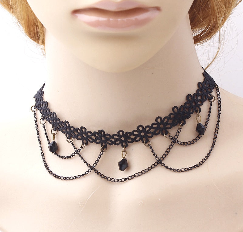 2021 Gothic Victorian Crystal Tassel Tattoo Choker Necklace Black Lace Collar Vintage Women Wedding Jewelry