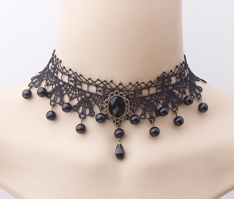 2021 Gothic Victorian Crystal Tassel Tattoo Choker Necklace Black Lace Collar Vintage Women Wedding Jewelry
