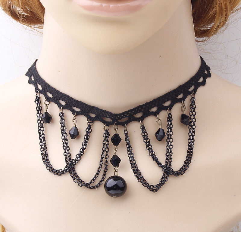 2021 Gothic Victorian Crystal Tassel Tattoo Choker Necklace Black Lace Collar Vintage Women Wedding Jewelry