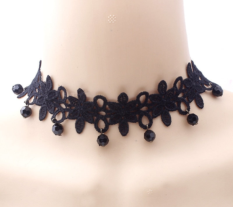 2021 Gothic Victorian Crystal Tassel Tattoo Choker Necklace Black Lace Collar Vintage Women Wedding Jewelry