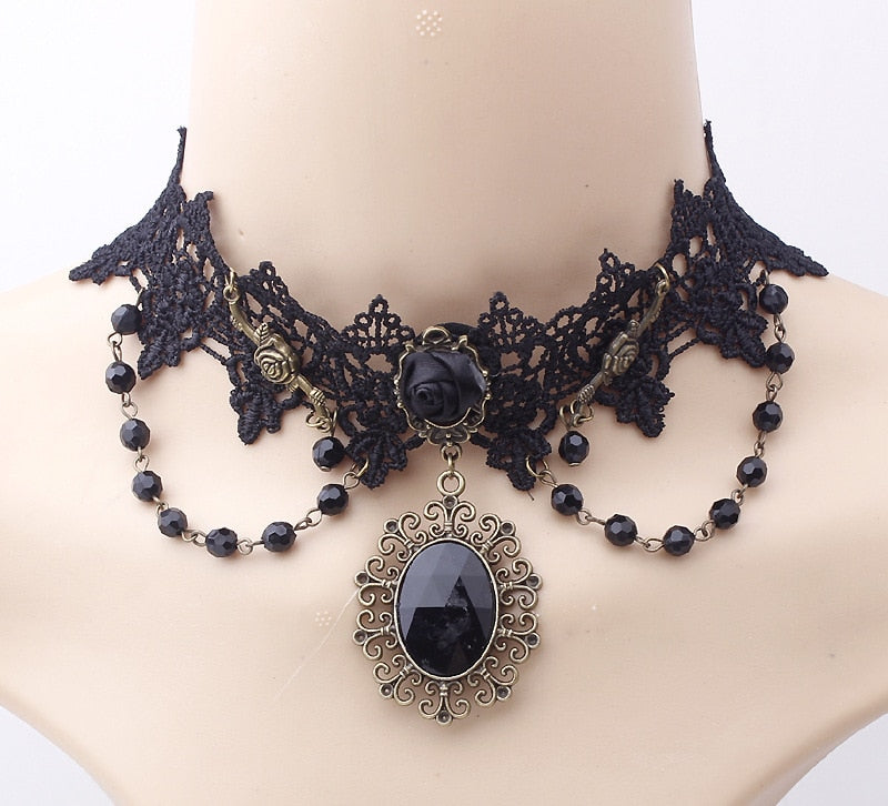 2021 Gothic Victorian Crystal Tassel Tattoo Choker Necklace Black Lace Collar Vintage Women Wedding Jewelry