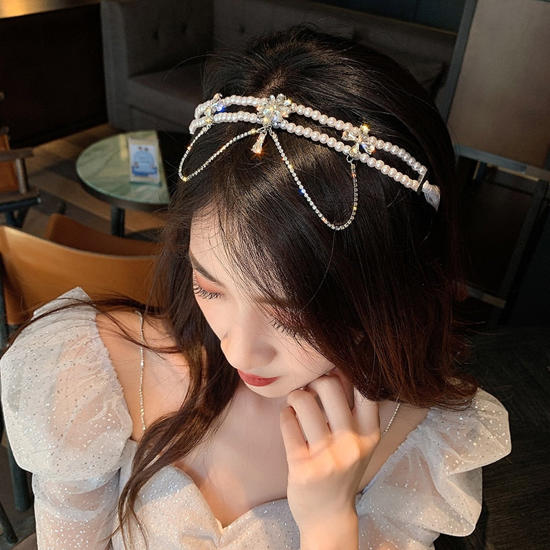 2022 Korea Design Jewelry Exaggerated Crystal Tassel Elegant White Pearl Female Clavicle Necklace