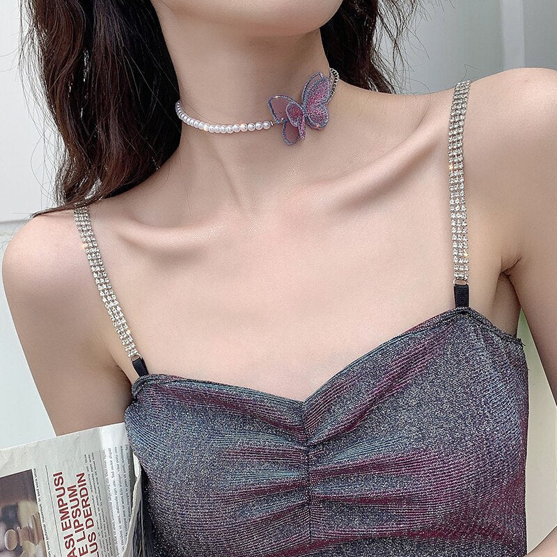 2022 Korean design jewelry sweet color lace embroidery smart butterfly pearl crystal chain female clavicle necklace