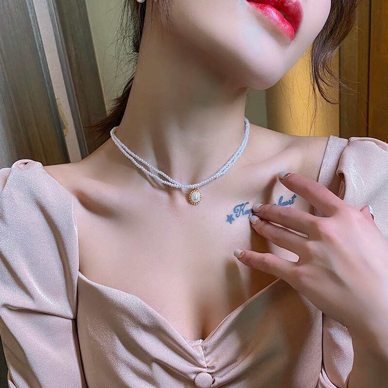 2022 Multi Layered Pearl Pendant Necklace Collar Choker Statement Necklace Women Wedding Party Jewelry Sweater Chain