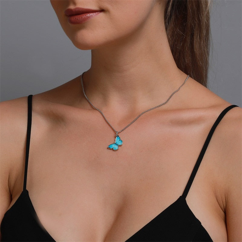 2022 Purple Blue Butterfly Pendant Necklace for Women Vintage Wedding Necklace Choker Jewelry Accessories
