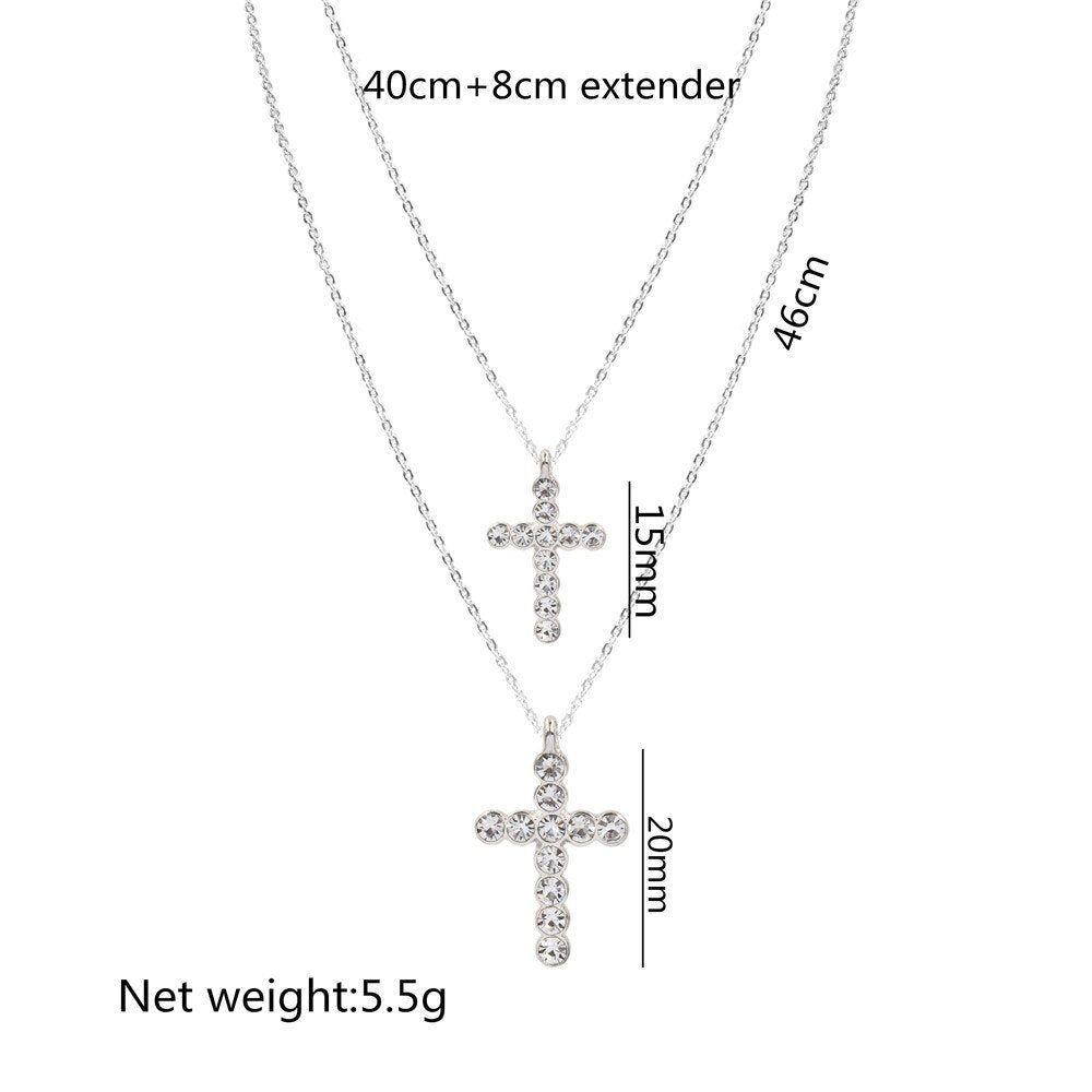 2022 Trendy Layered Necklace for Women Silver Color Chain Clear Glass Stone Cross Pendant Necklace Wedding Party Fashion