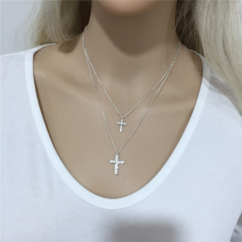 2022 Trendy Layered Necklace for Women Silver Color Chain Clear Glass Stone Cross Pendant Necklace Wedding Party Fashion