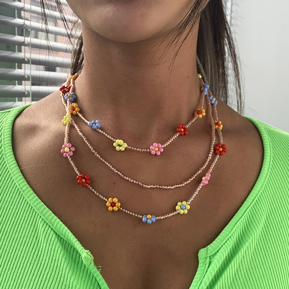 2021 Bohemian Multilayer Bead Daisy Flower Necklace For Women Rainbow Summer Statement Necklace Girl Party Jewelry Gifts