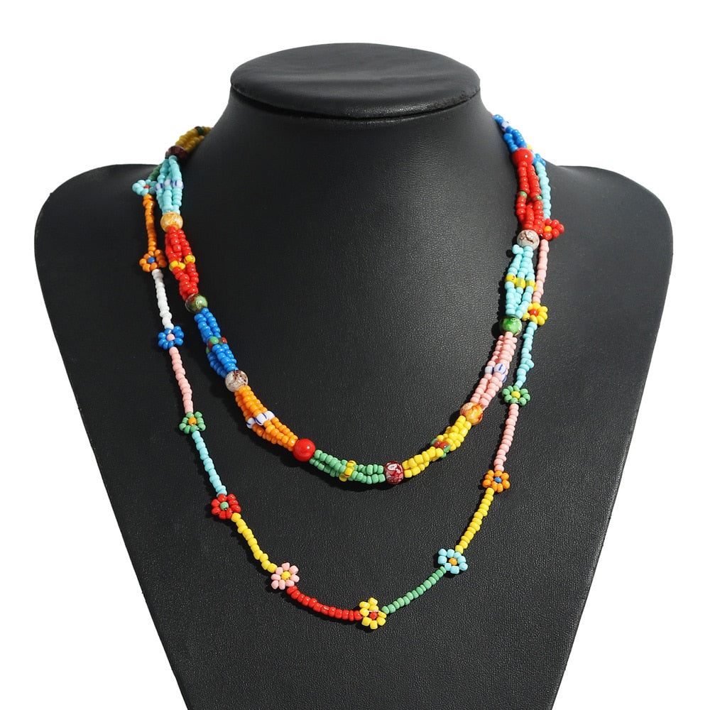 2021 Bohemian Multilayer Bead Daisy Flower Necklace For Women Rainbow Summer Statement Necklace Girl Party Jewelry Gifts