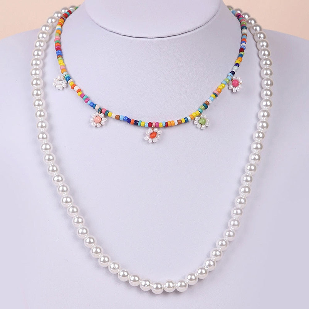 2021 Bohemian Multilayer Bead Daisy Flower Necklace For Women Rainbow Summer Statement Necklace Girl Party Jewelry Gifts