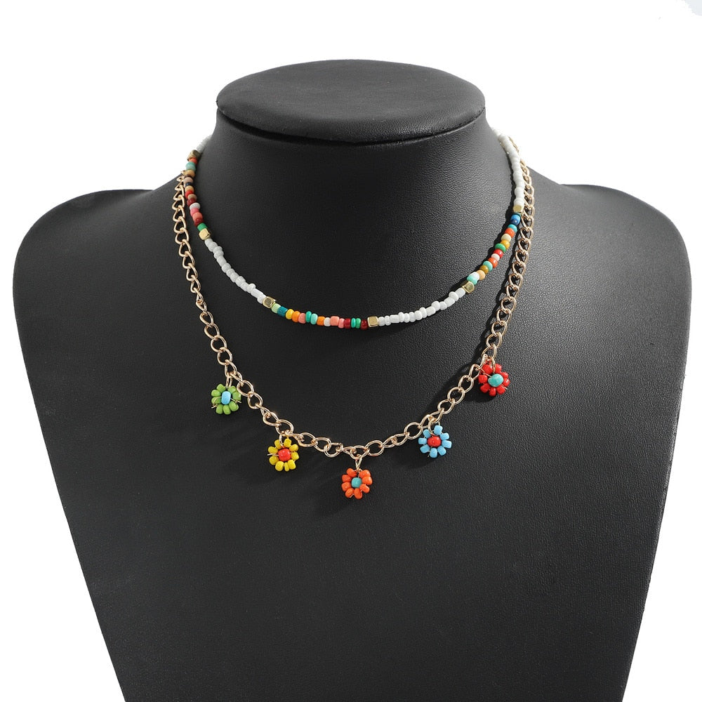 2021 Bohemian Multilayer Bead Daisy Flower Necklace For Women Rainbow Summer Statement Necklace Girl Party Jewelry Gifts