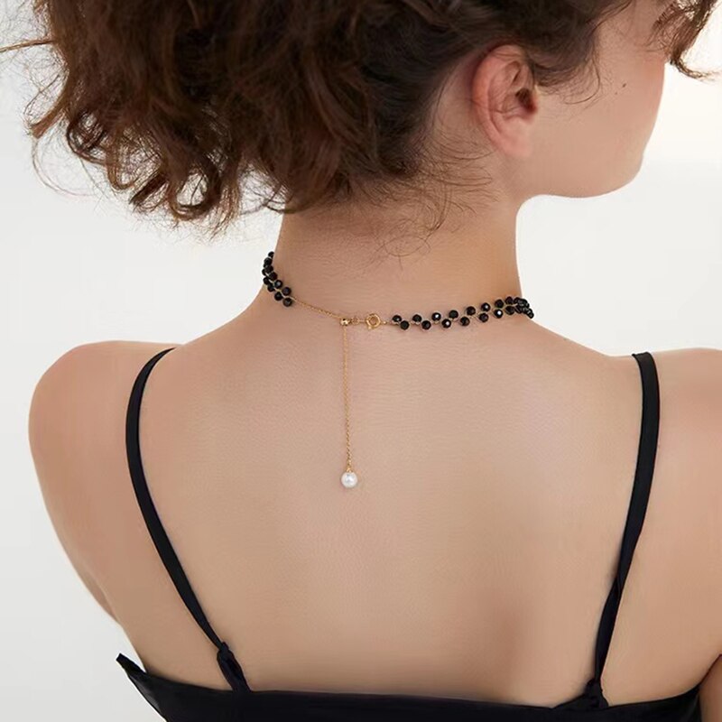 2022 Korea Design Jewelry Black Crystal Braided Short Necklace Sexy Women Clavicle Necklace Accessories