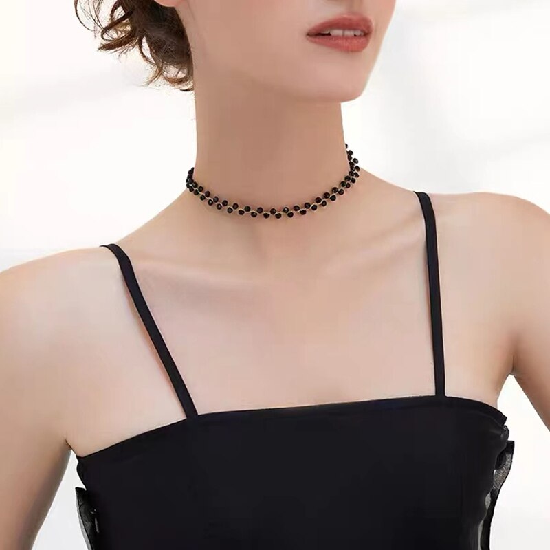 2022 Korea Design Jewelry Black Crystal Braided Short Necklace Sexy Women Clavicle Necklace Accessories