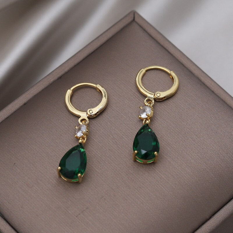 2022 Korea Design Jewelry  Green Crystal Water Drop Pendant Earrings Elegant Women Wedding Party Accessories